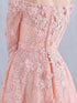 Pink Lace 1/2 Sleeves Off Shoulder Elegant Prom Dress, Long Floor Length Party Dress