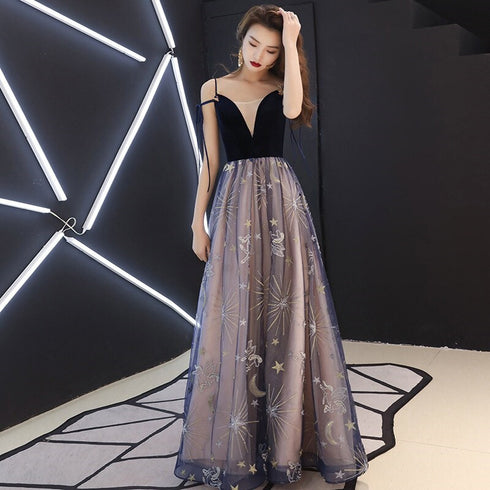 Beautiful V-neckline Straps Tulle with Velvet Party Dress, Long Evening Dress Formal Dress