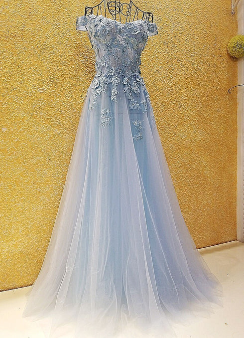Light Blue Off Shoulder Long Party Dress with Flowers, Tulle Blue Evening Dress Prom Dress