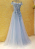 Light Blue Off Shoulder Long Party Dress with Flowers, Tulle Blue Evening Dress Prom Dress