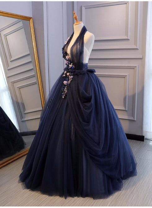 Charming Navy Blue Halter Tulle Party Dress with Flower Applique, Blue Gown