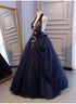 Charming Navy Blue Halter Tulle Party Dress with Flower Applique, Blue Gown