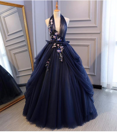 Charming Navy Blue Halter Tulle Party Dress with Flower Applique, Blue Gown