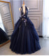 Charming Navy Blue Halter Tulle Party Dress with Flower Applique, Blue Gown