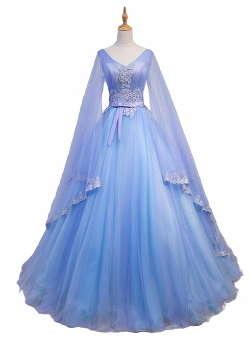 Beautiful Blue V-neckline Prom Dress with Long Sleeves, Lace Applique Party Dress For Teen
