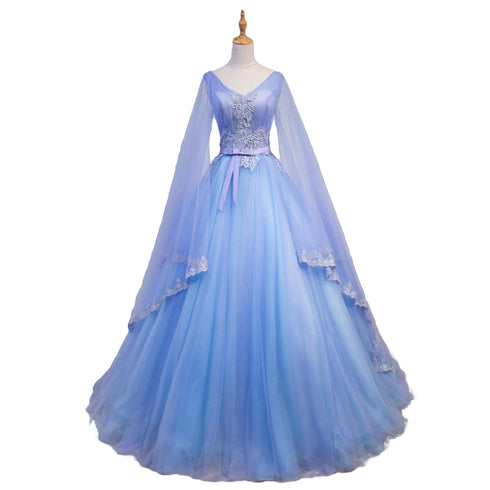 Beautiful Blue V-neckline Prom Dress with Long Sleeves, Lace Applique Party Dress For Teen