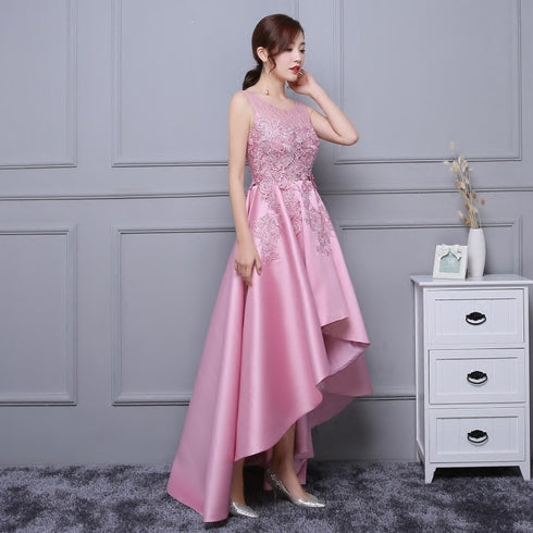Beautiful Pink High Low Satin and Lace Homecoming Dress, Cute Short Prom Dress