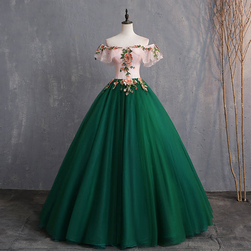 Beautiful Green Off Shoulder Tulle with Lace Formal Gown, Green Evening Sweet 16 Dresses