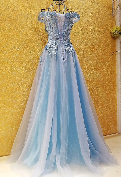 Light Blue Off Shoulder Long Party Dress with Flowers, Tulle Blue Evening Dress Prom Dress