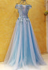 Light Blue Off Shoulder Long Party Dress with Flowers, Tulle Blue Evening Dress Prom Dress