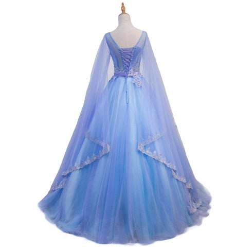 Beautiful Blue V-neckline Prom Dress with Long Sleeves, Lace Applique Party Dress For Teen