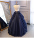 Charming Navy Blue Halter Tulle Party Dress with Flower Applique, Blue Gown