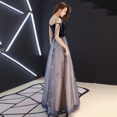 Beautiful V-neckline Straps Tulle with Velvet Party Dress, Long Evening Dress Formal Dress