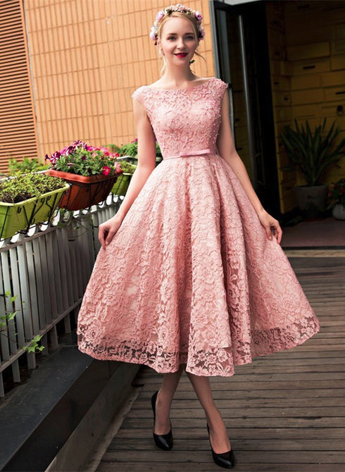 Cute Pink Tea Length Lace Party Dress, Lace Bridesmaid Dress