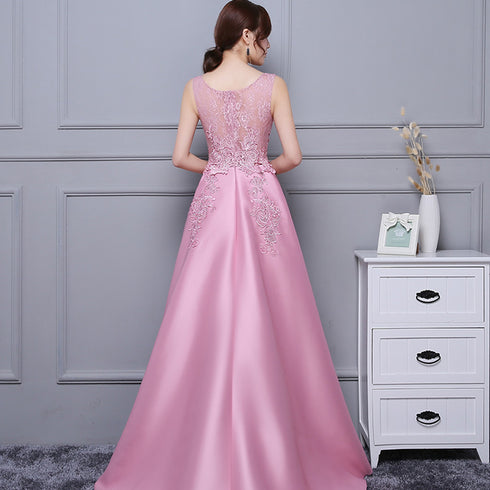 Beautiful Pink High Low Satin and Lace Homecoming Dress, Cute Short Prom Dress
