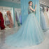 Mint Blue Flowers Tulle V-neckline Long Sweet 16 Dress, Blue Party Dress Formal Dress