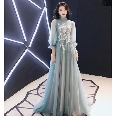 Lovely Light Green Long Sleeves Tulle Prom Dress, Floor Length A-line Flowers Formal Dress