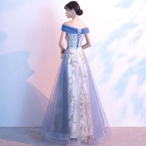 Light Blue Off Shoulder Tulle with Lace Long Evening Dress Prom Dress, Blue Formal Dresses