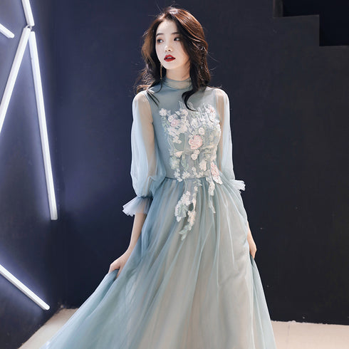 Lovely Light Green Long Sleeves Tulle Prom Dress, Floor Length A-line Flowers Formal Dress