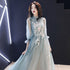 Lovely Light Green Long Sleeves Tulle Prom Dress, Floor Length A-line Flowers Formal Dress