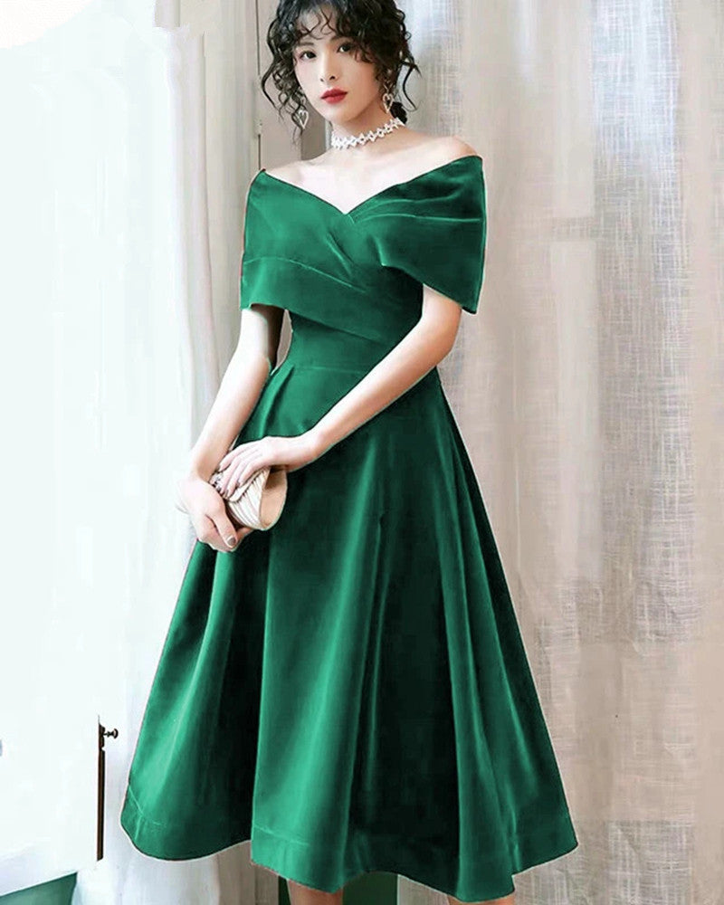 Green Velvet Off Shoulder Tea Length Party Dresses, Green Bridesmaid Dresses Formal Dresses US Size 12 / Custom Color