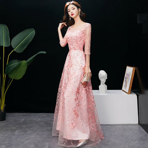 Pink Lace Lovely A-line Round Neckline Prom Dress, Pink Bridesmaid Dress Formal Dress