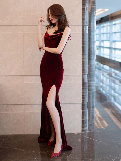 Burgundy Velvet Floor Length Mermaid Prom Dress, Velvet Bridesmaid Dresses