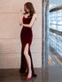Burgundy Velvet Floor Length Mermaid Prom Dress, Velvet Bridesmaid Dresses