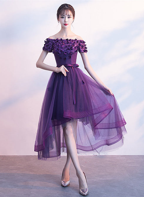 Dark Purple High Low Cute Off Shoulder Homecoming Dress , Lovely Formal Dress