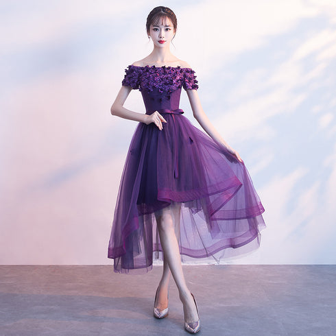 Dark Purple High Low Cute Off Shoulder Homecoming Dress , Lovely Formal Dress