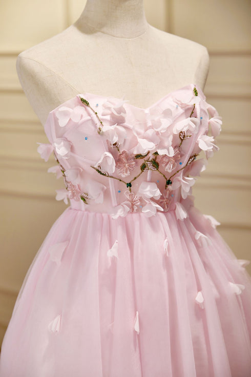 Lovely Pink Tulle with Flowers Short Party Dress, Pink Tulle Homecoming Dresses