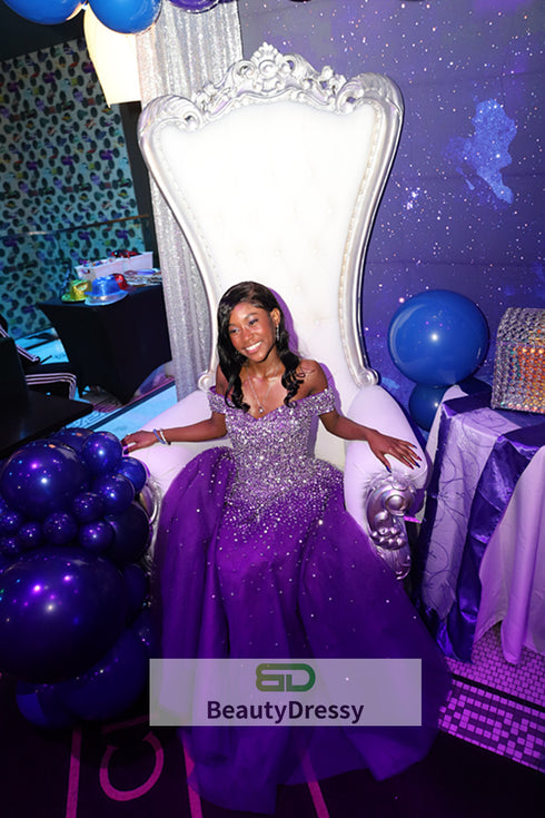 Blue Sparkle Off Shoulder Ball Party Dress , Handmade Beaded Party Dress