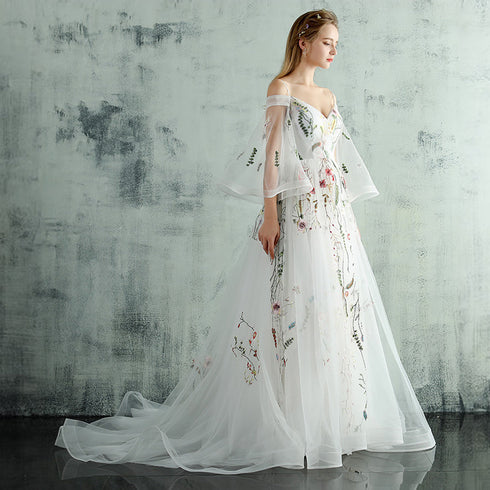 White Tulle Lace Spaghetti Straps Long Evening Dress, Embroidery White Prom Dress