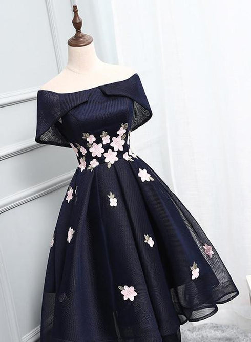 Lovely Navy Blue Homecoming Dress, Tulle Asymmetrical Short Prom Dress