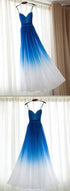 Blue Straps Gradient Chiffon Party Gown, Chiffon Sweetheart Prom Dresses