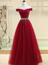 Charming Off Shoulder Tulle Beaded Prom Gown, Wine Red Long Junior Prom Dress