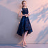 Navy Blue Lace High Low Round Neckline Party Dress, Blue Prom Dress Homecoming Dress
