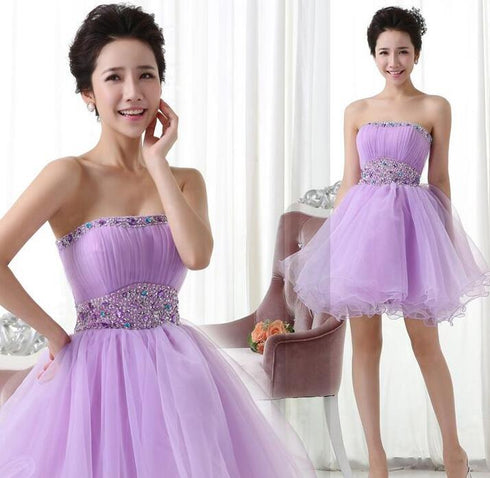 Lavender Organza Beaded Strapless Ball Gown Homecoming Dress, Short Prom Dress Party Dress