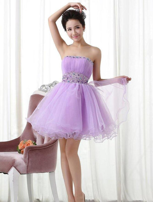 Lavender Organza Beaded Strapless Ball Gown Homecoming Dress, Short Prom Dress Party Dress
