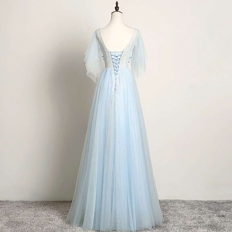 Light Blue Flower Lace V-neckline Puffy Sleeves Long Party Dress, Blue