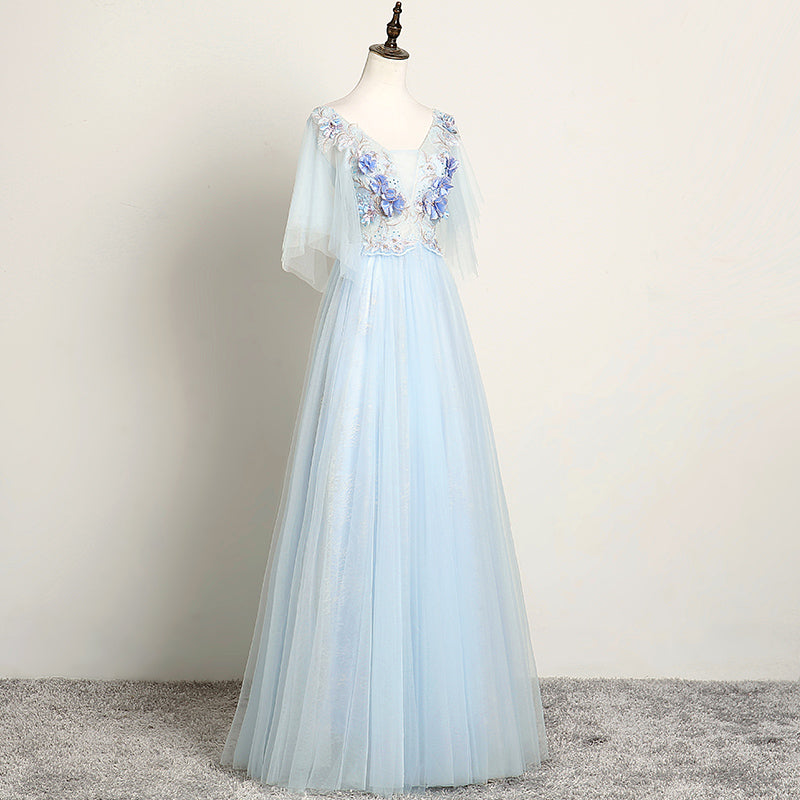 light blue prom dress flowy Light Blue Tulle Off Shoulder Long Prom Dresses With Appliques PSK421 US6 / Custom Color