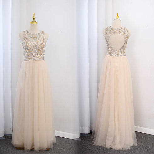 Light Champagne Beaded Backless Tulle Round Neckline Party Dress, A-line Champagne Formal Gown