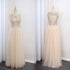Light Champagne Beaded Backless Tulle Round Neckline Party Dress, A-line Champagne Formal Gown
