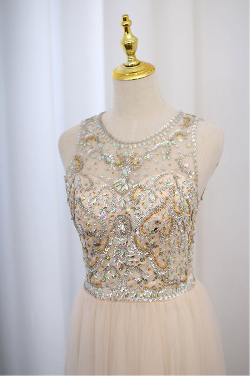 Light Champagne Beaded Backless Tulle Round Neckline Party Dress, A-line Champagne Formal Gown