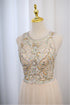 Light Champagne Beaded Backless Tulle Round Neckline Party Dress, A-line Champagne Formal Gown