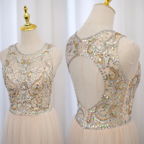 Light Champagne Beaded Backless Tulle Round Neckline Party Dress, A-line Champagne Formal Gown