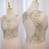 Light Champagne Beaded Backless Tulle Round Neckline Party Dress, A-line Champagne Formal Gown