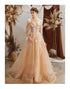 Light Champagne Lace Applique Halter Lace Applique Tulle Formal Gown, Champagne Long Prom Dress Party Dress