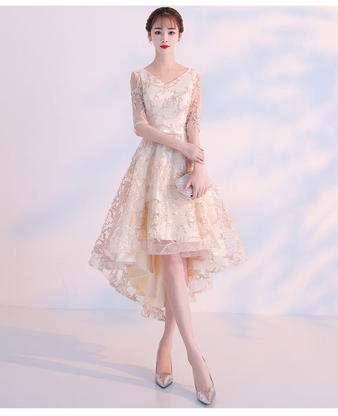 Light Champagne Lovely Lace High Low Homecoming Dress, New Short Prom Dress