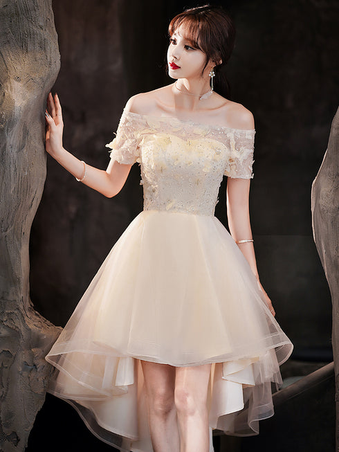 Light Champagne Tulle Short Sleeves High Low Homecoming Dress, Short Party Dress Prom Dress